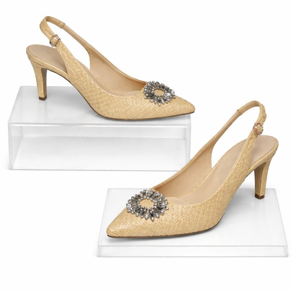 ANNE KLEIN iFlex Raquel Raffia Jeweled Slingback Heels | Coastal Glam | Size 10